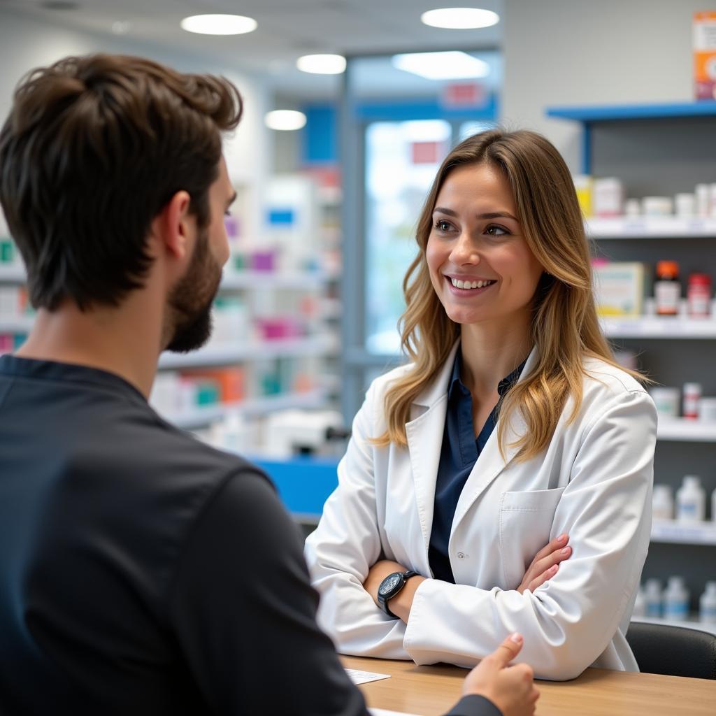 Apotheker berät Kunden in Leverkusen Lützenkirchen: Ein Apotheker im weißen Kittel berät einen Kunden in einer Apotheke.