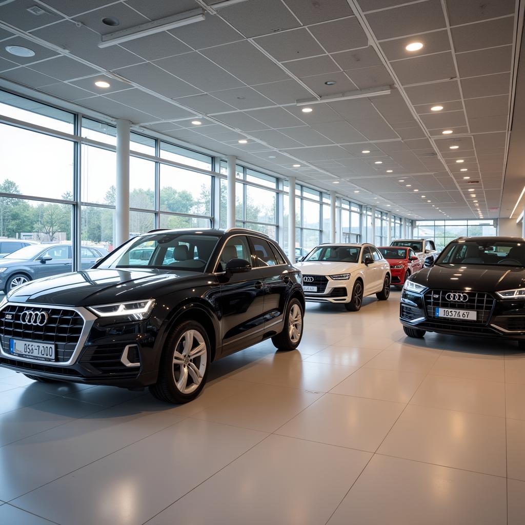 Verschiedene Audi-Modelle in der Ausstellungshalle des Audi Zentrum Leverkusen Mobile, bereit zur Besichtigung.