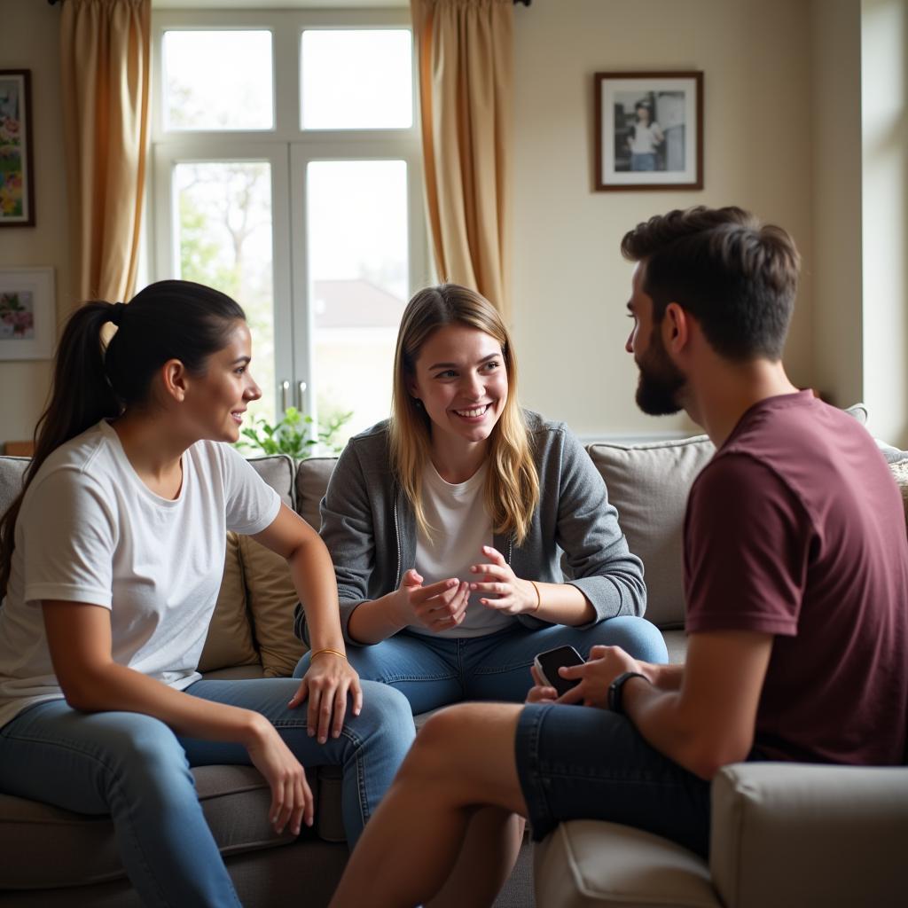 Therapeutin im Gespräch mit Familie im Wohnzimmer