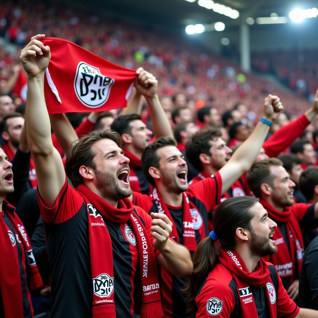 Bayer Leverkusen Fans feiern im Auswärtsblock