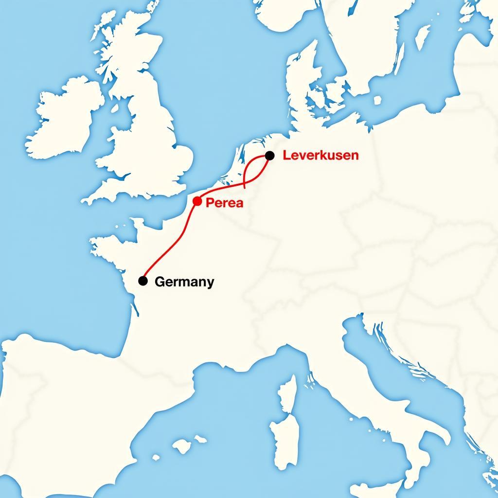 Routenkarte für eine Autofahrt von Leverkusen nach Perea, Griechenland, durch die EU.