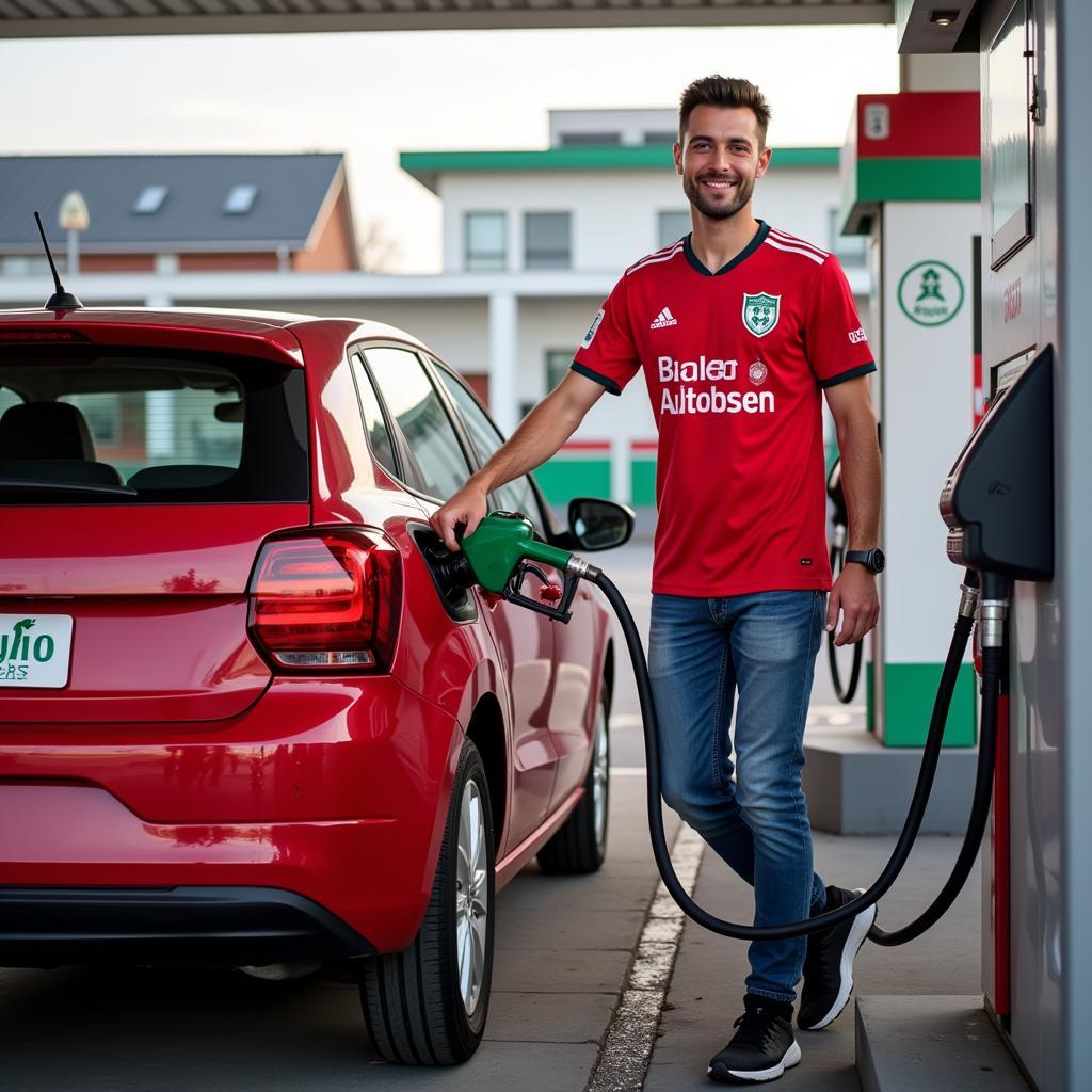 Autogas tanken in Leverkusen: Ein Bayer 04 Fan betankt sein Auto mit Autogas an einer Tankstelle in Leverkusen.