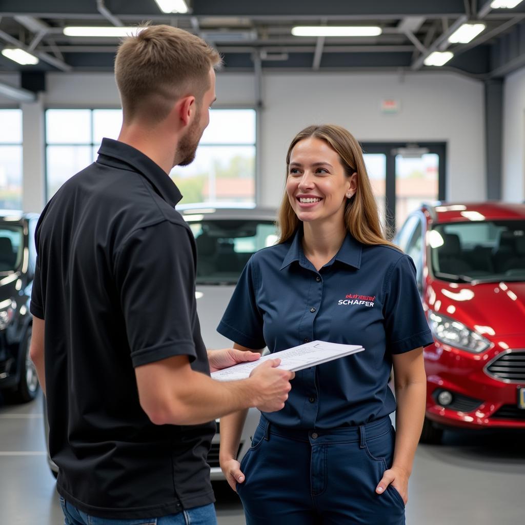 Ein freundlicher Mitarbeiter berät einen Kunden im Autohaus Schäfer.