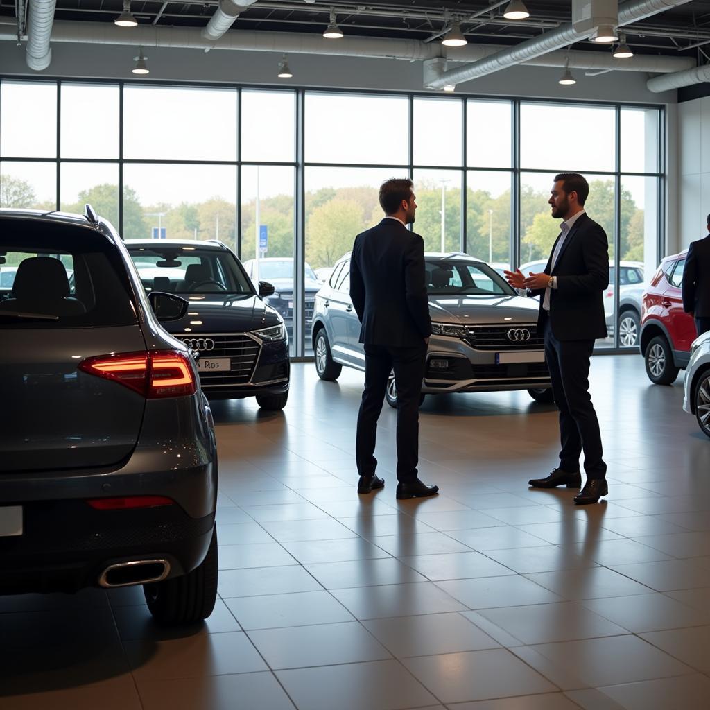 Autohaus Schäfer Leverkusen Mitarbeiter Kundenberatung: Ein Mitarbeiter berät einen Kunden im Showroom des Autohaus Schäfer Leverkusen zu den verschiedenen Fahrzeugmodellen.