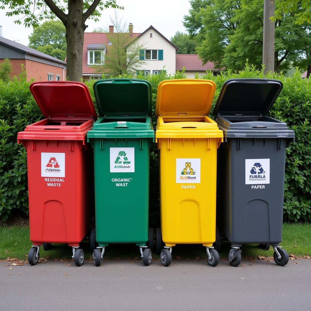 Verschiedene AVEA Leverkusen Mülltonnen Typen: Restmüll, Biomüll, Papier und Wertstoffe