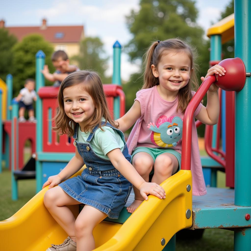 Kinder spielen fröhlich auf dem Spielplatz der AWO Kindertagesstätte Leverkusen