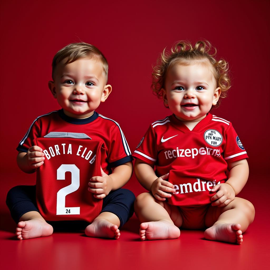 Babys mit Bayer 04 Fanartikeln, die die Zukunft des Vereins symbolisieren.