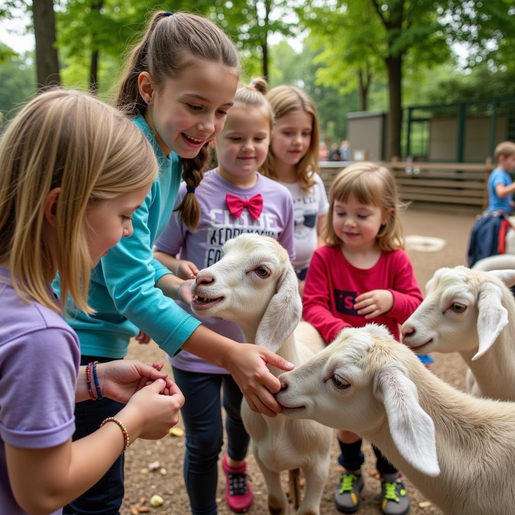 Streichelzoo auf dem Bauernhof Bakker Leverkusen: Kinder füttern Ziegen.