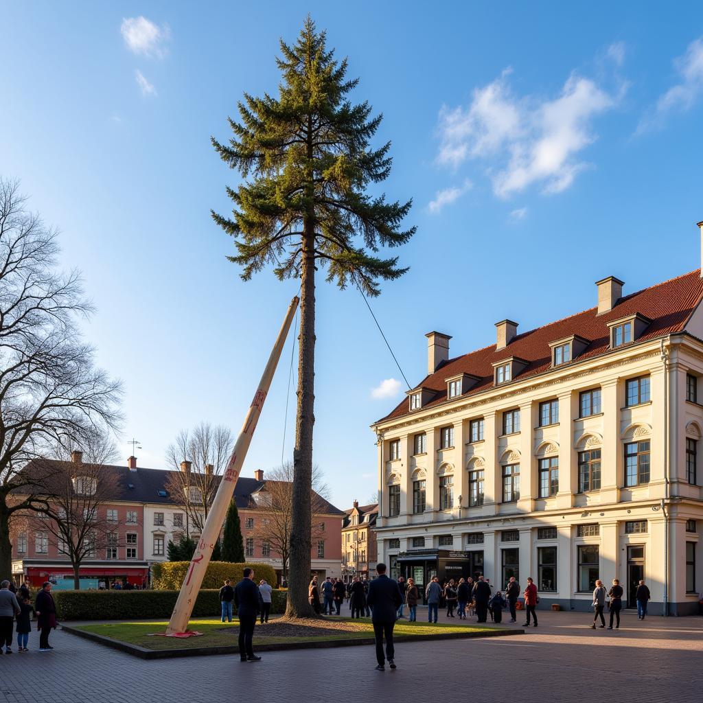 Maibaum-Aufstellung in Leverkusen mit Bauhaus-inspirierter Architektur im Hintergrund