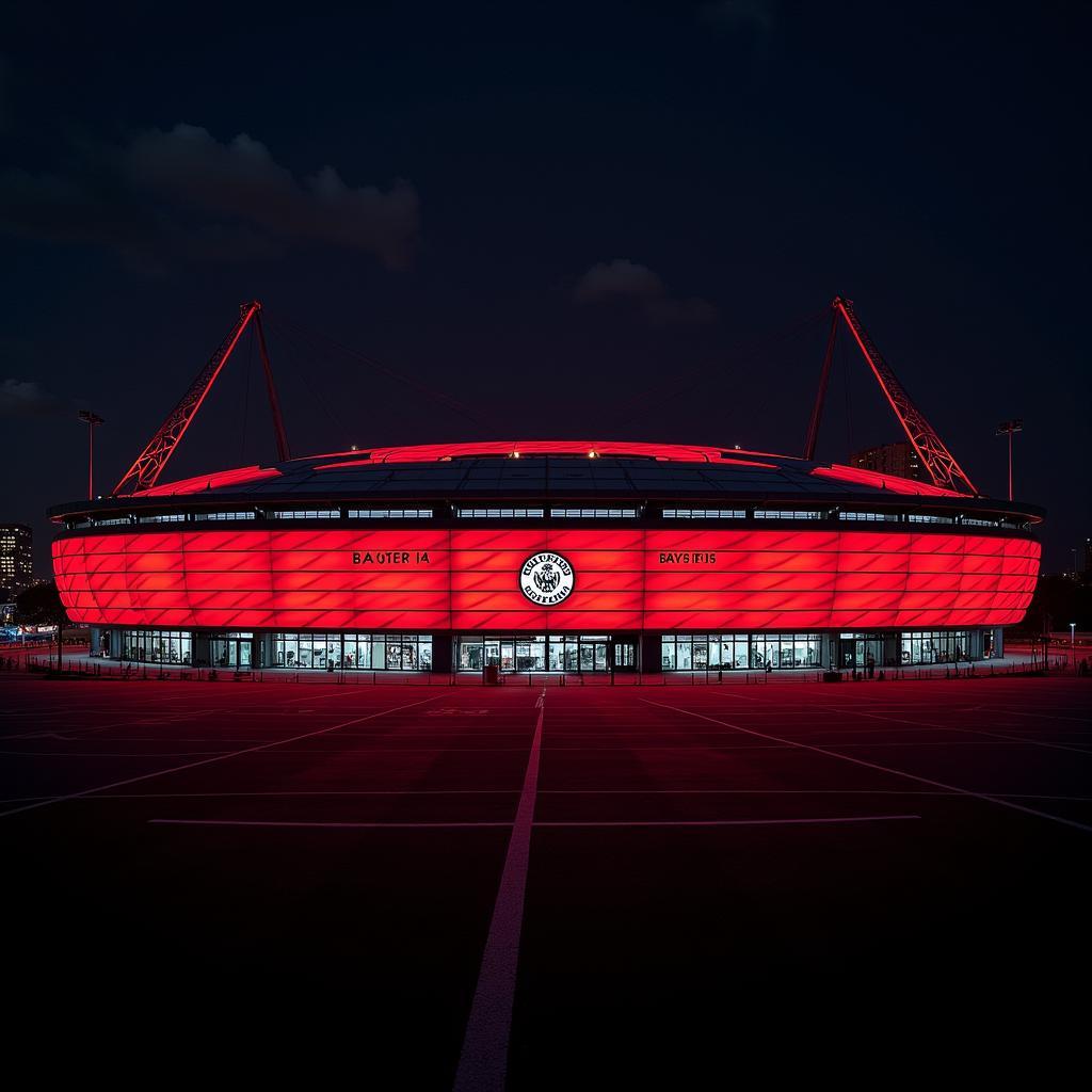 Die BayArena, Heimstadion von Bayer 04 Leverkusen, erstrahlt in den Vereinsfarben Schwarz und Rot.