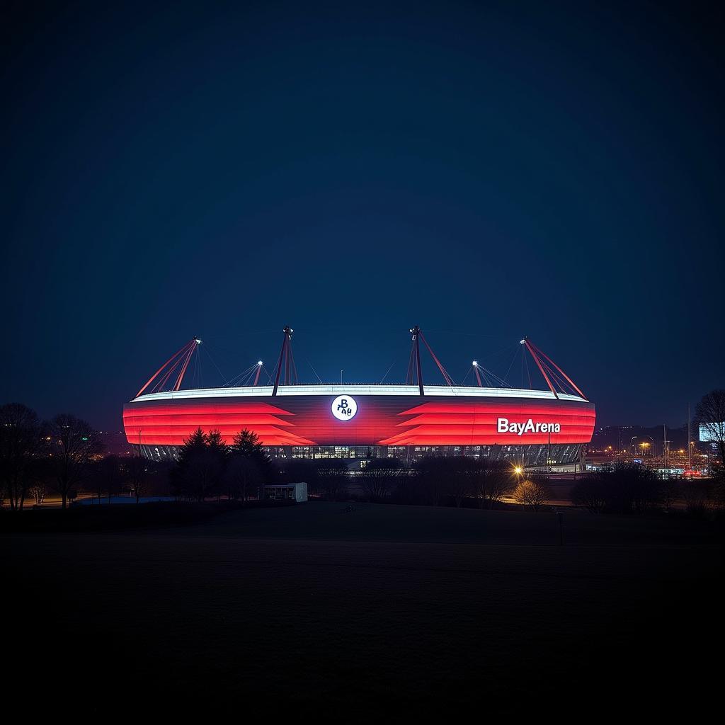 Die BayArena am Weidenbusch 41 in Leverkusen bei Nacht.