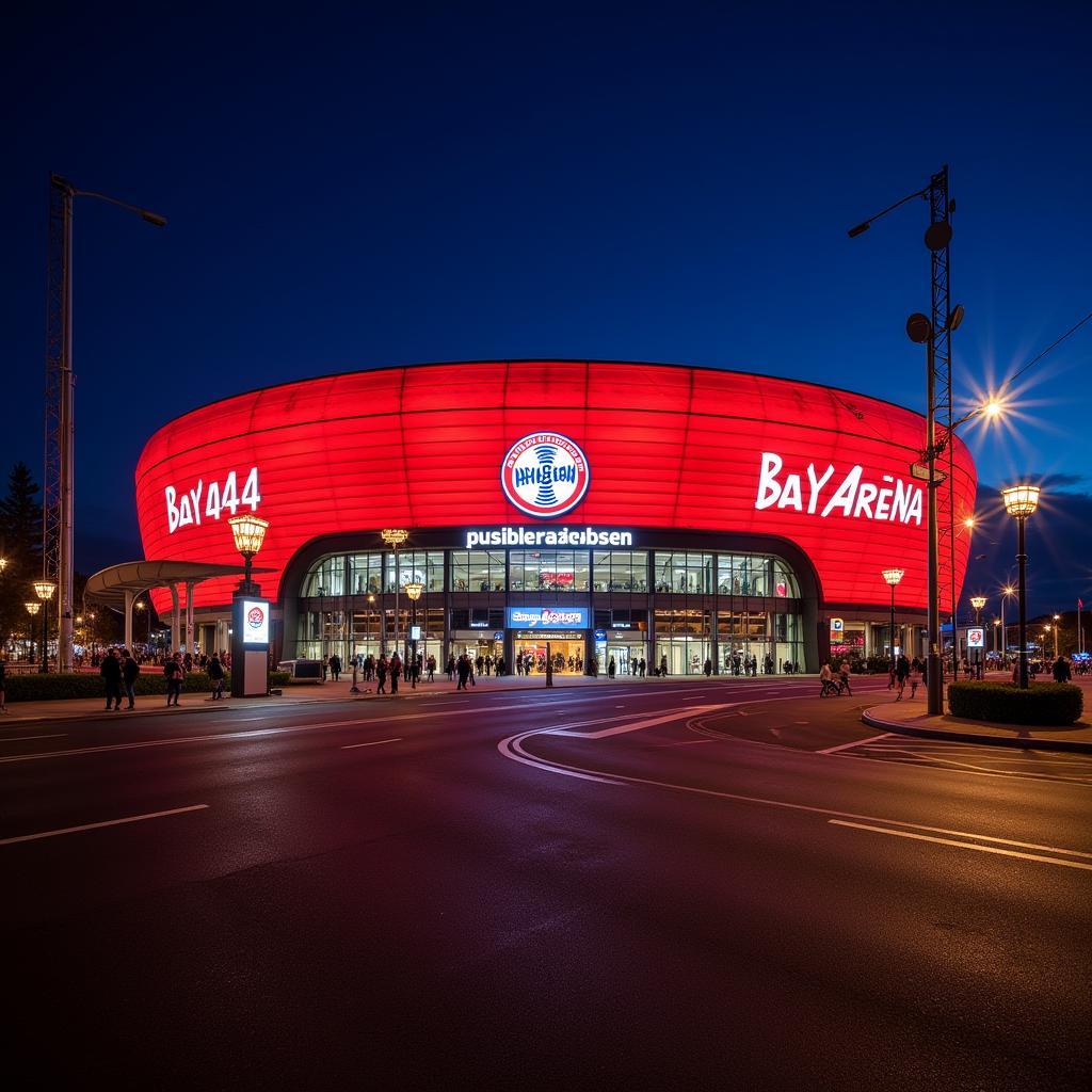 Die BayArena an der Andreasstraße in Leverkusen bei Nacht.