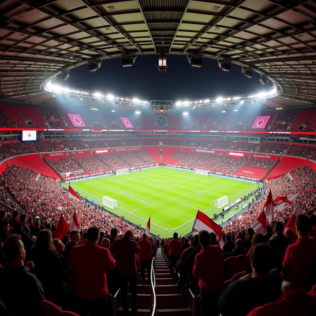 Lebendige Atmosphäre in der BayArena bei einem Heimspiel von Bayer 04 Leverkusen.