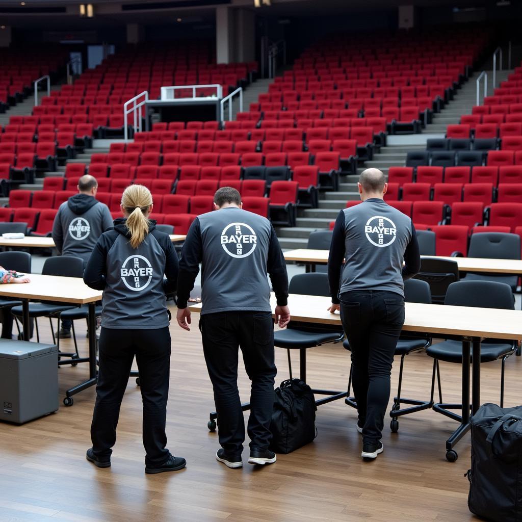 Aushilfe beim Aufstellen von Tischen in der BayArena