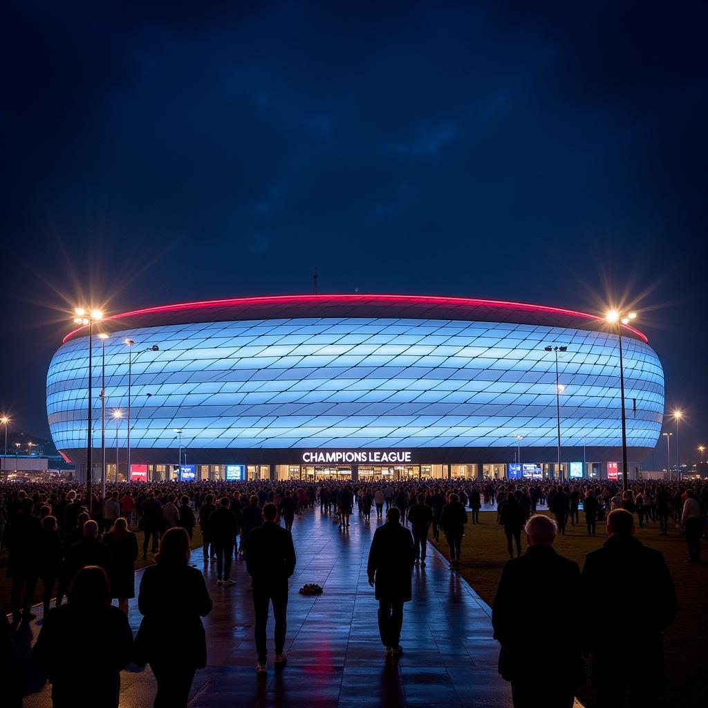 Außenansicht der BayArena bei einem Champions League Spiel