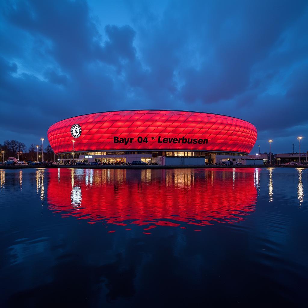 Die BayArena, Heimstadion von Bayer 04 Leverkusen, erstrahlt im Abendlicht.