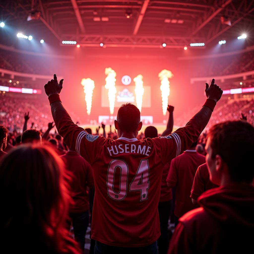 Fans von Bayer 04 Leverkusen feiern in der BayArena