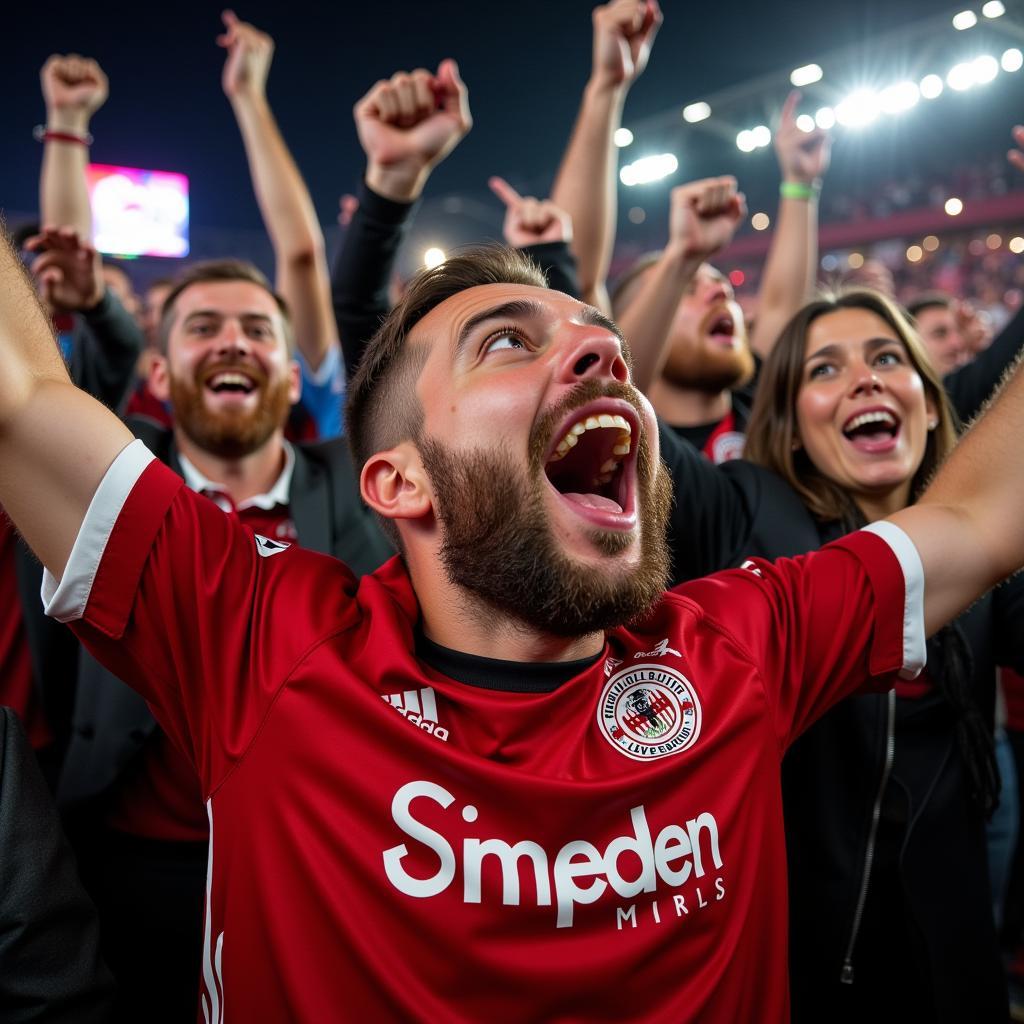 Jubelnde Bayer 04 Leverkusen Fans nach einem Derbysieg gegen den 1. FC Köln