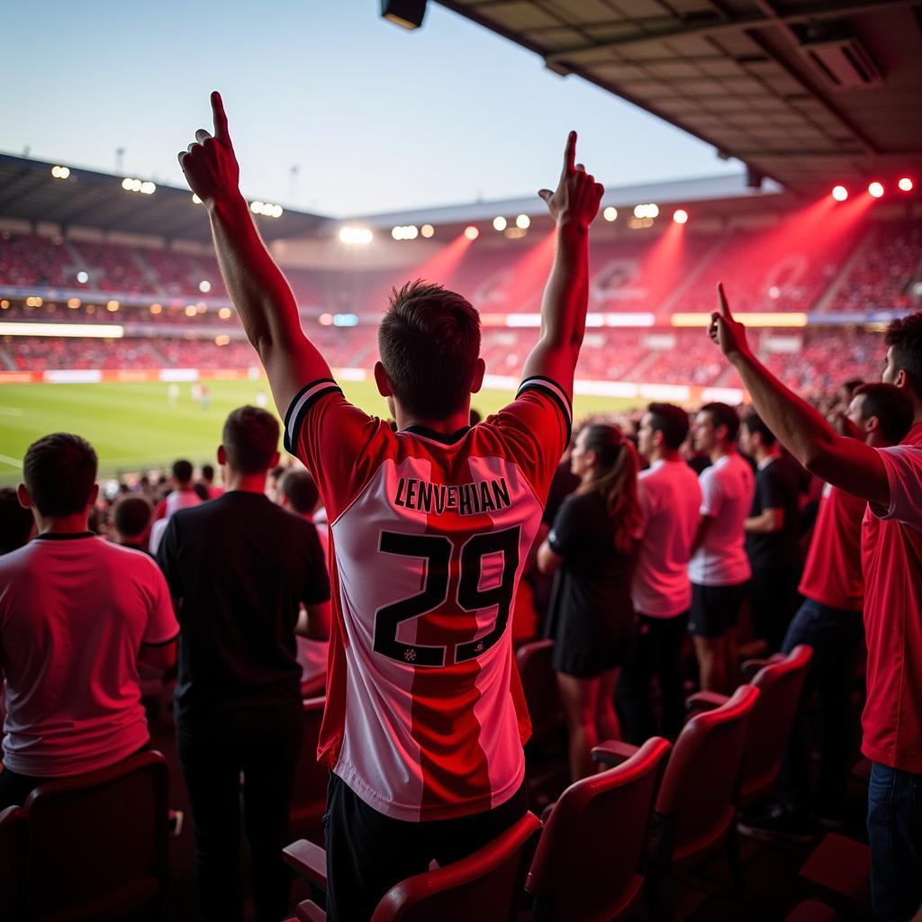 Bayer 04 Leverkusen Fans im Stadion: Die Fans feuern ihr Team enthusiastisch an.