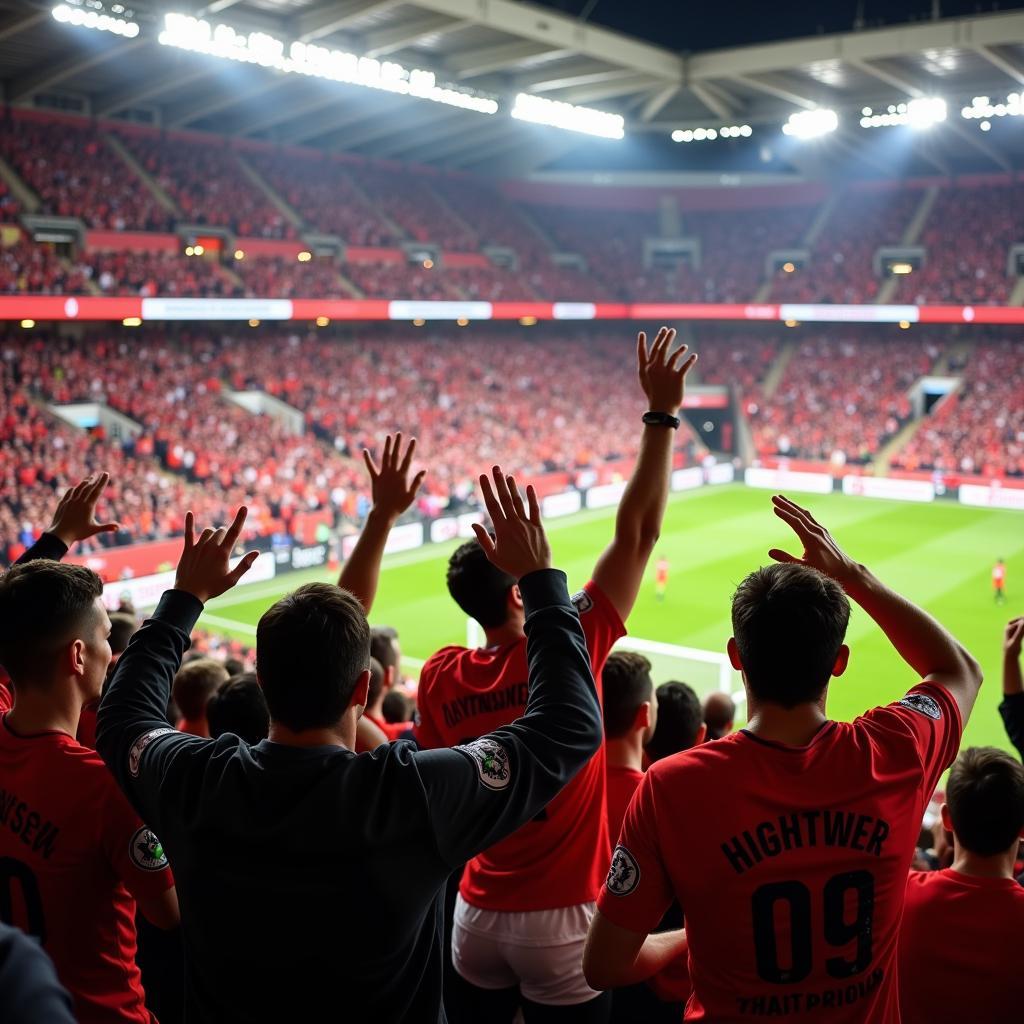 Das Stadion von Bayer 04 Leverkusen ist voll mit jubelnden Fans.