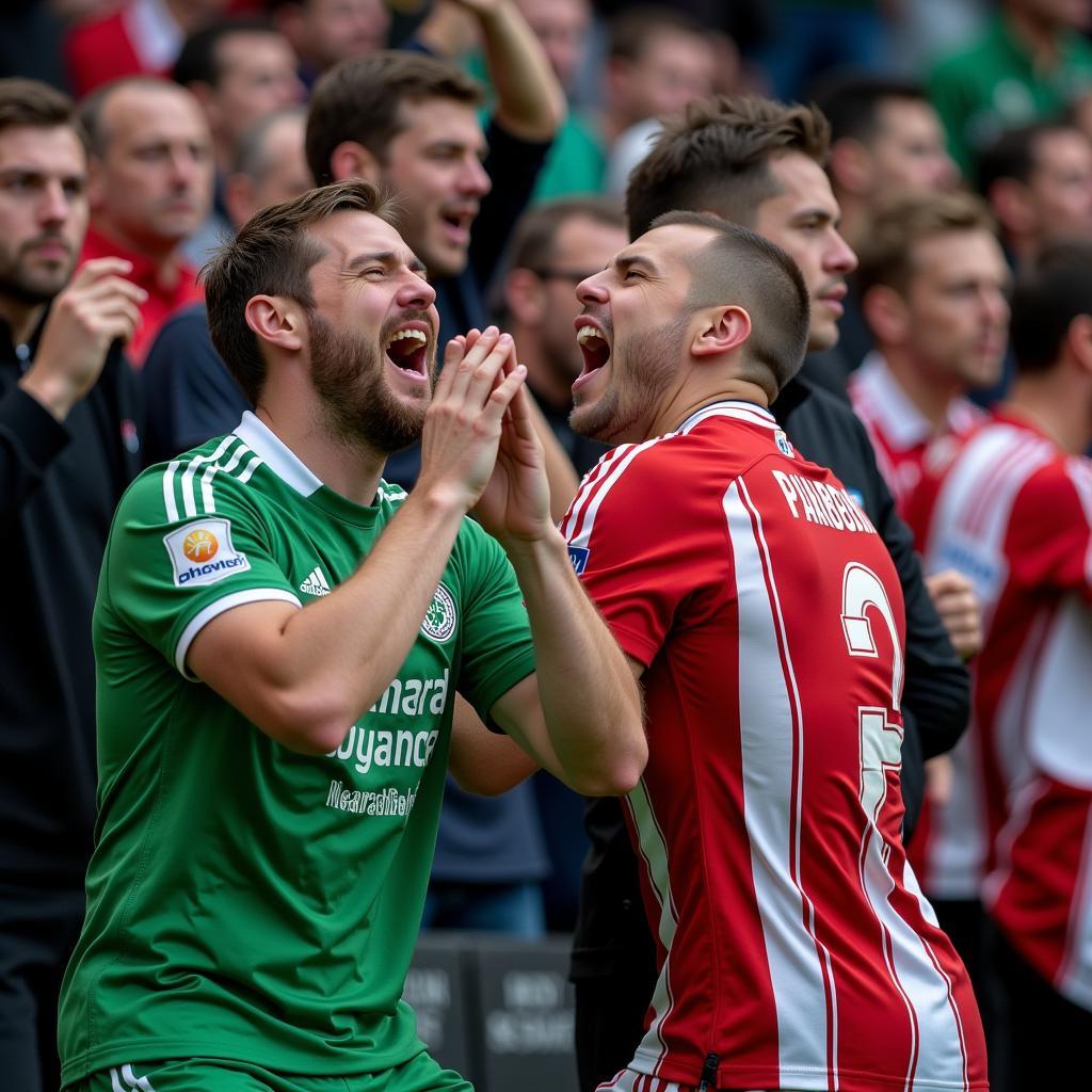 Die Rivalität zwischen Bayer 04 Leverkusen und Wolfsburg: Ein Bild von Fans beider Mannschaften beim Derby.