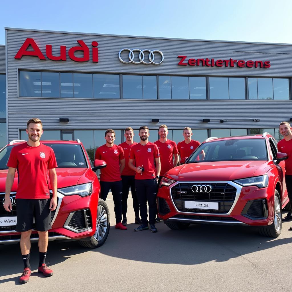 Bayer 04 Leverkusen Spieler posieren vor dem Audi Zentrum Leverkusen mit ihren neuen Audi Fahrzeugen.