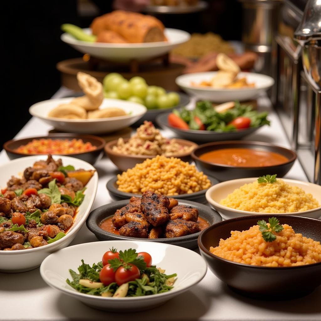 Ein Buffet mit einer Auswahl an köstlichen Speisen, zubereitet vom Catering-Service des Bayer Kasinos Leverkusen.