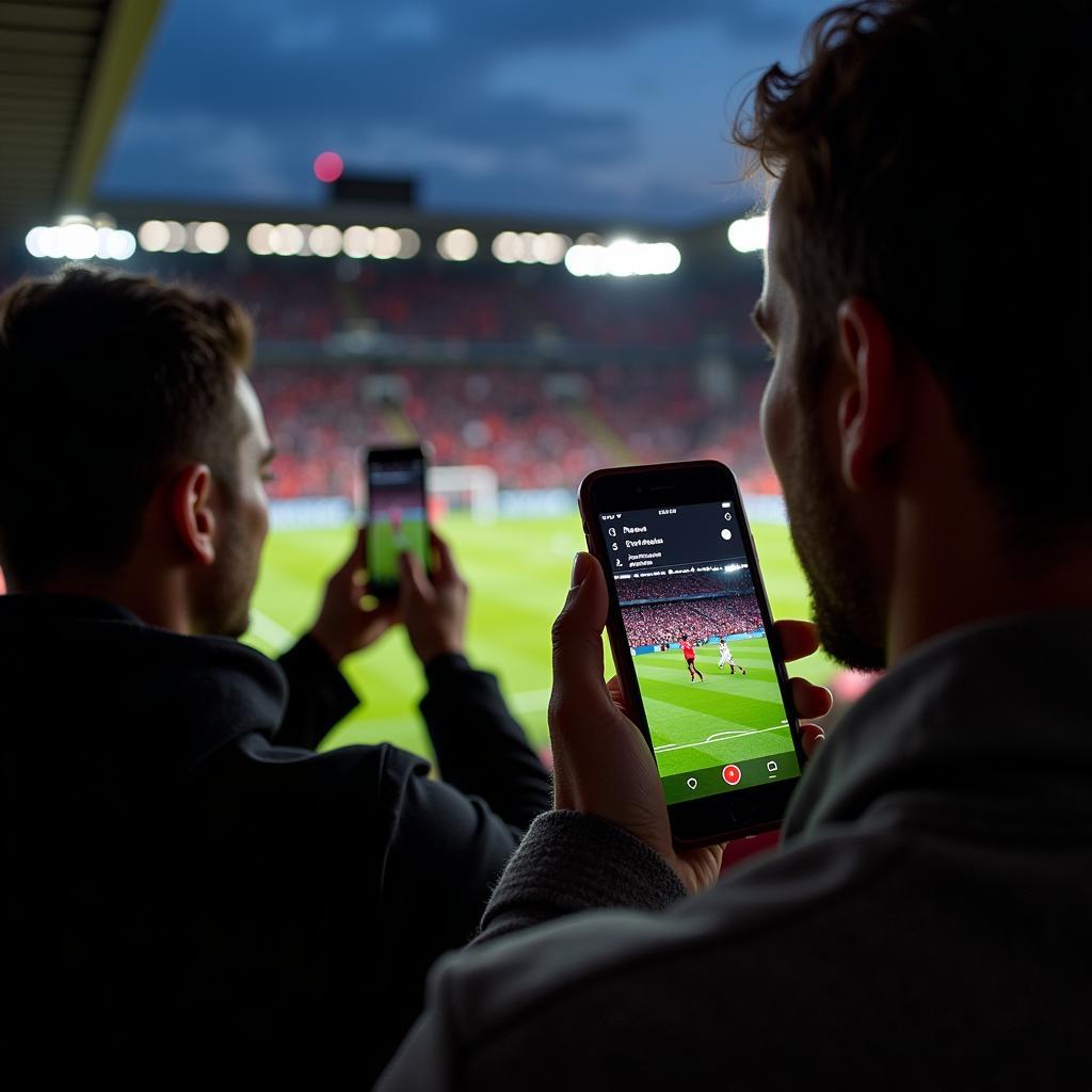 Fans verfolgen das Spiel Bayer Leverkusen gegen Atletico Madrid über einen Live-Ticker auf ihren Smartphones.