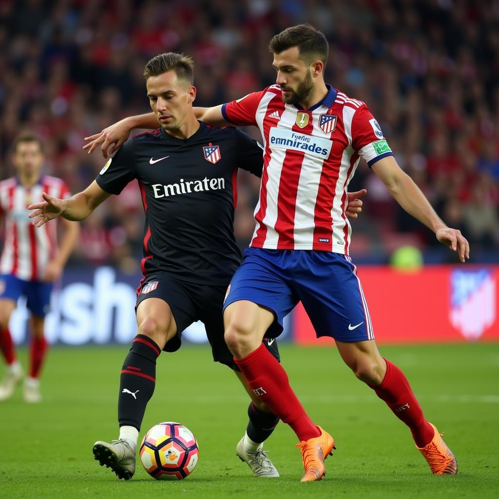 Spannende Spielszene zwischen Bayer Leverkusen und Atletico Madrid mit Zweikampf um den Ball.