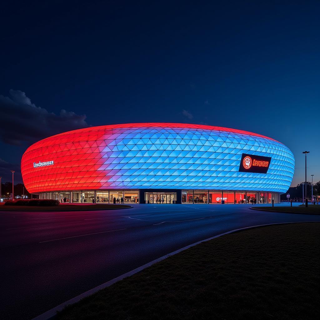 Die BayArena, Heimstadion von Bayer Leverkusen, bei Nacht.