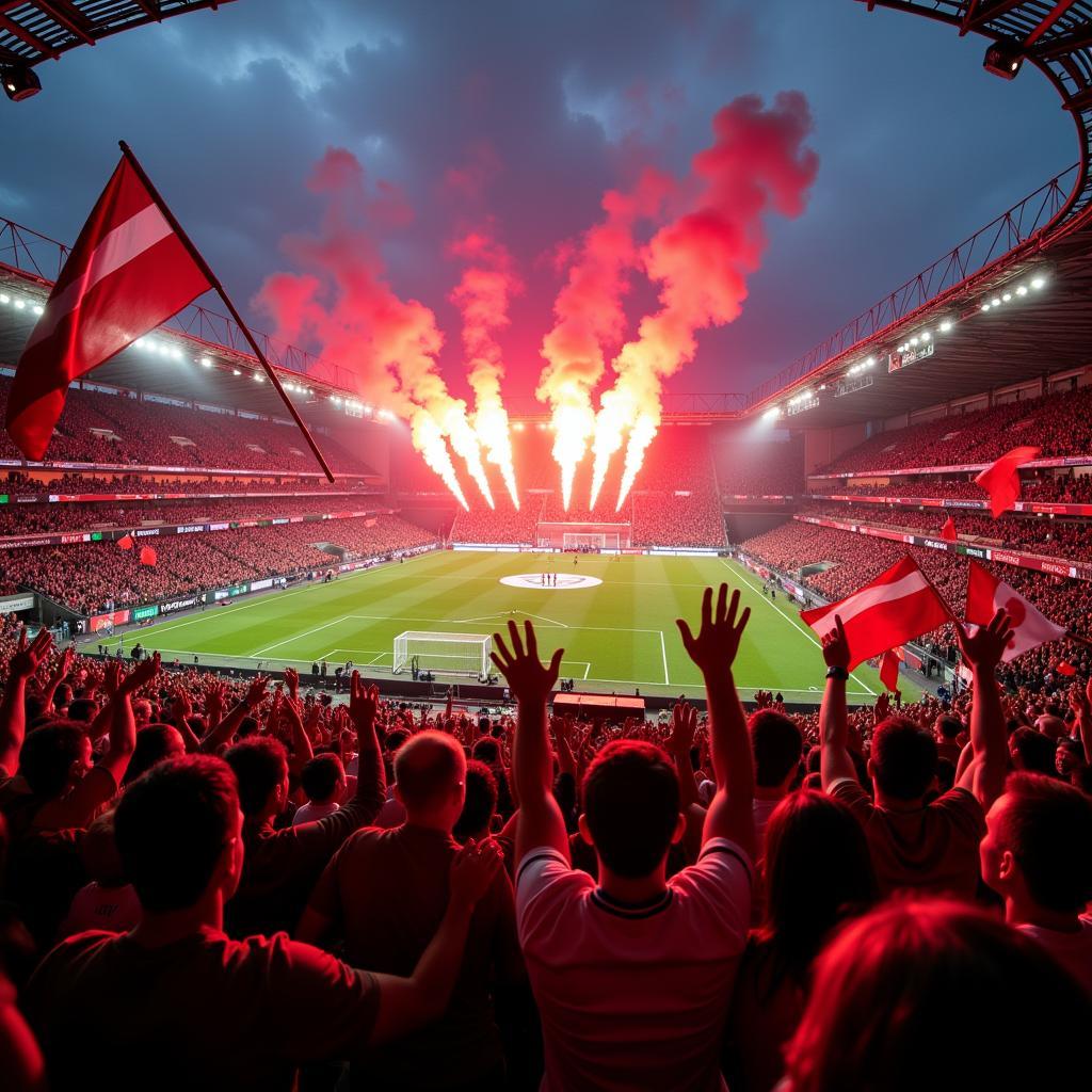 Bayer Leverkusen Fans feiern ein Tor in der Europa League