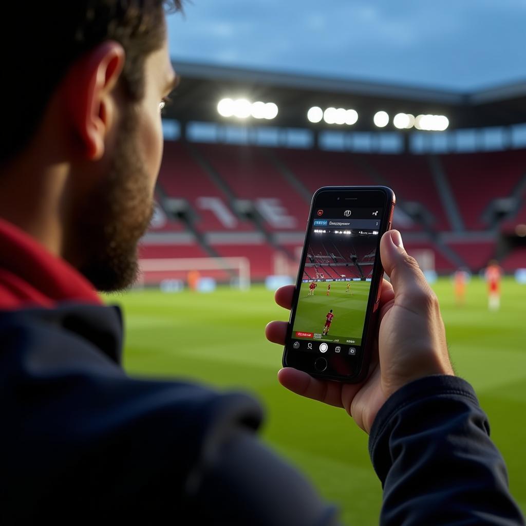 Bayer Leverkusen Europa League Live Stream auf Smartphone: Ein Bild zeigt eine Person, die das Spiel auf dem Smartphone verfolgt.