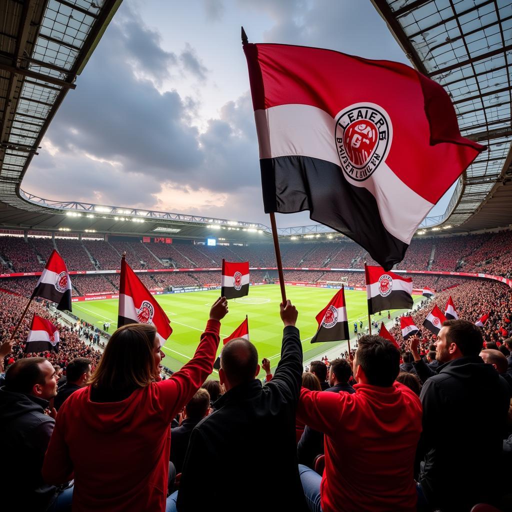 Bayer Leverkusen Fahnen in der Nordkurve: Ein Meer aus schwarz-roten Farben, die die leidenschaftliche Unterstützung der Fans zeigen.