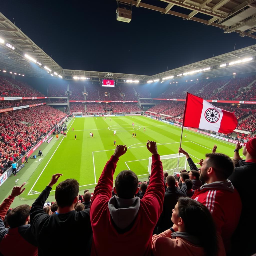 Bayer Leverkusen Fans feiern ein Tor in der Europa League.