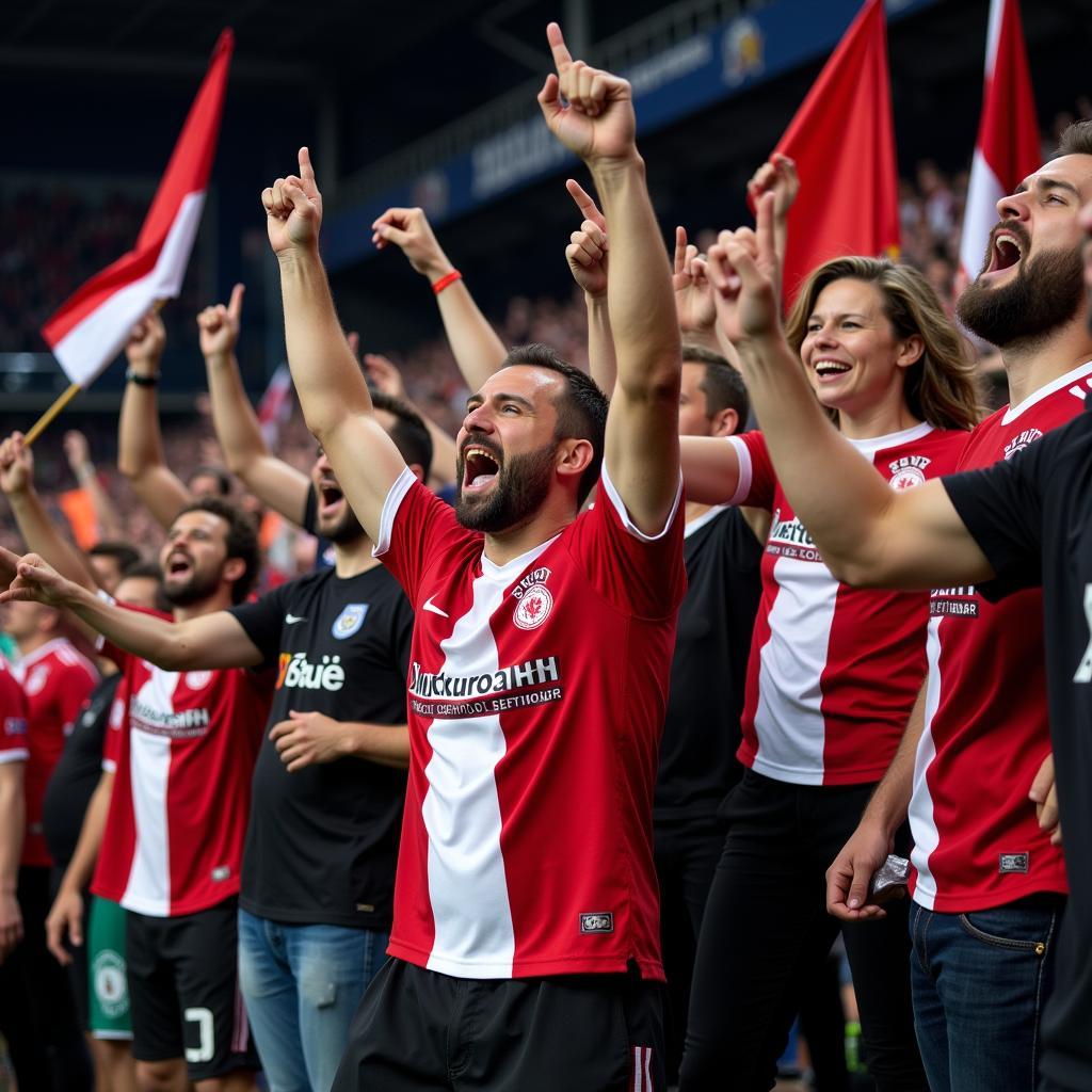 Bayer Leverkusen Fans feiern ein Tor in der Europa League.