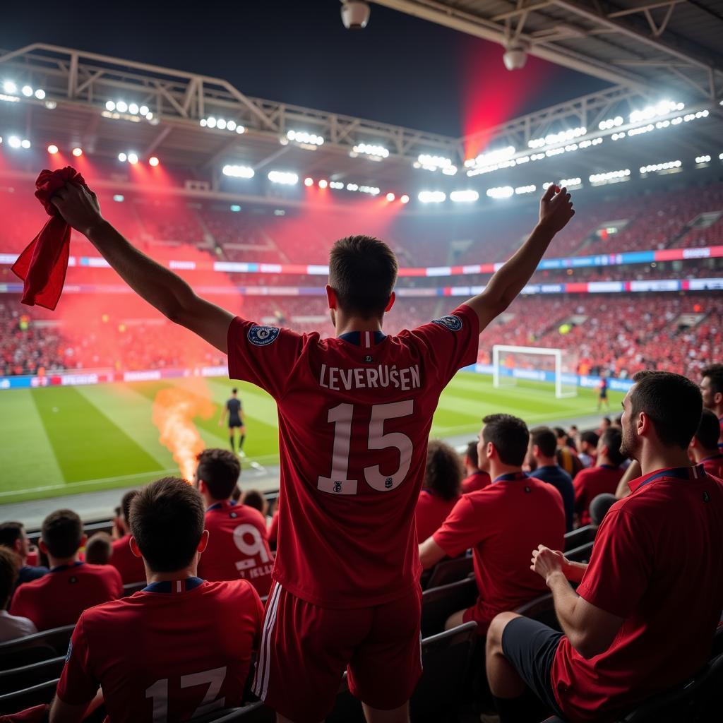 Fans von Bayer Leverkusen feiern einen Sieg im Stadion.