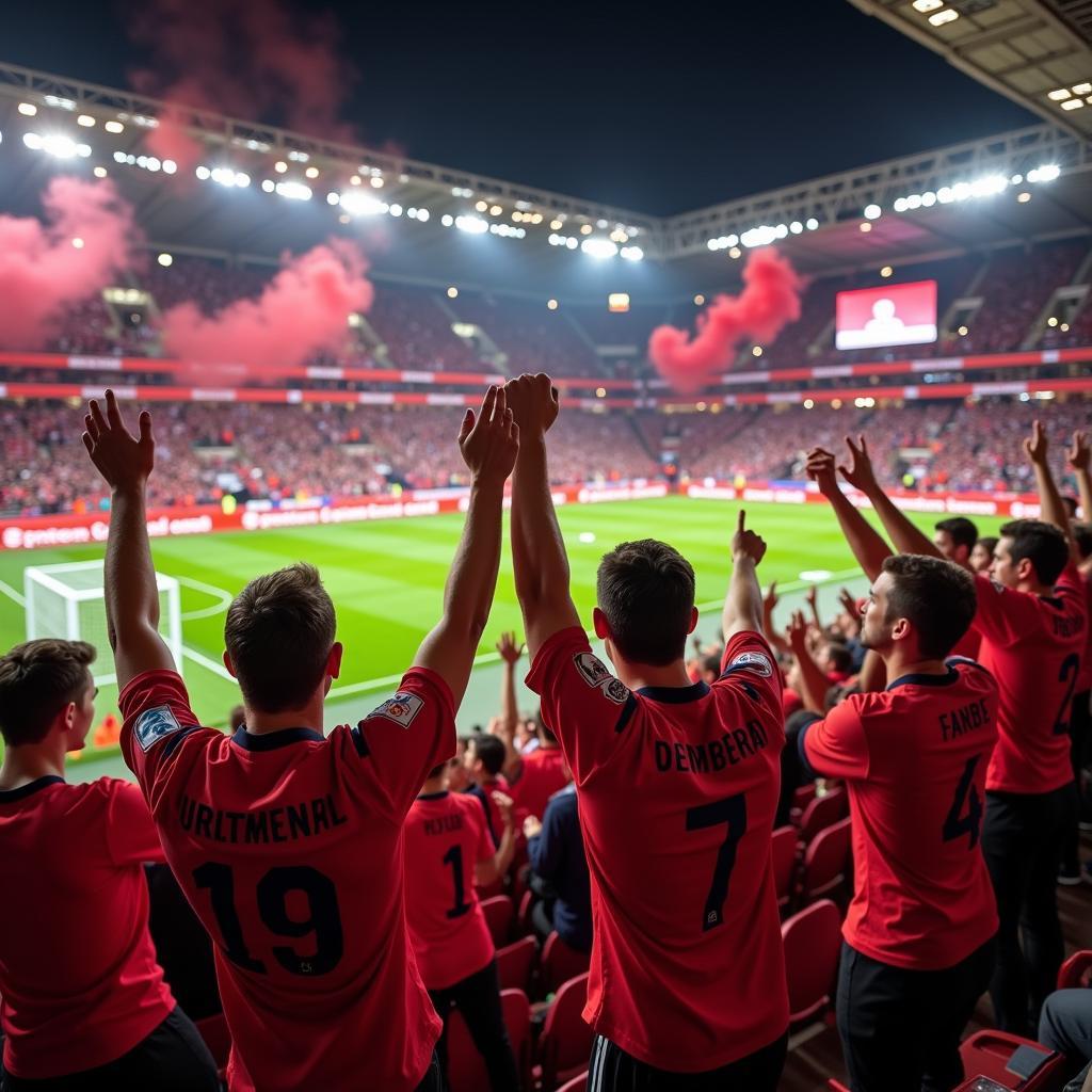 Jubelnde Bayer Leverkusen Fans im Stadion