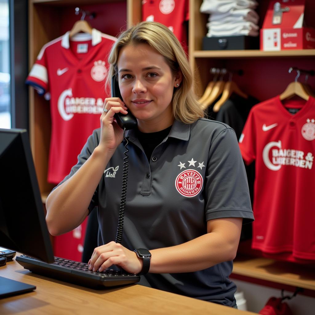 Bayer Leverkusen Fanshop Telefon: Ein Mitarbeiter im Fanshop berät einen Kunden am Telefon.