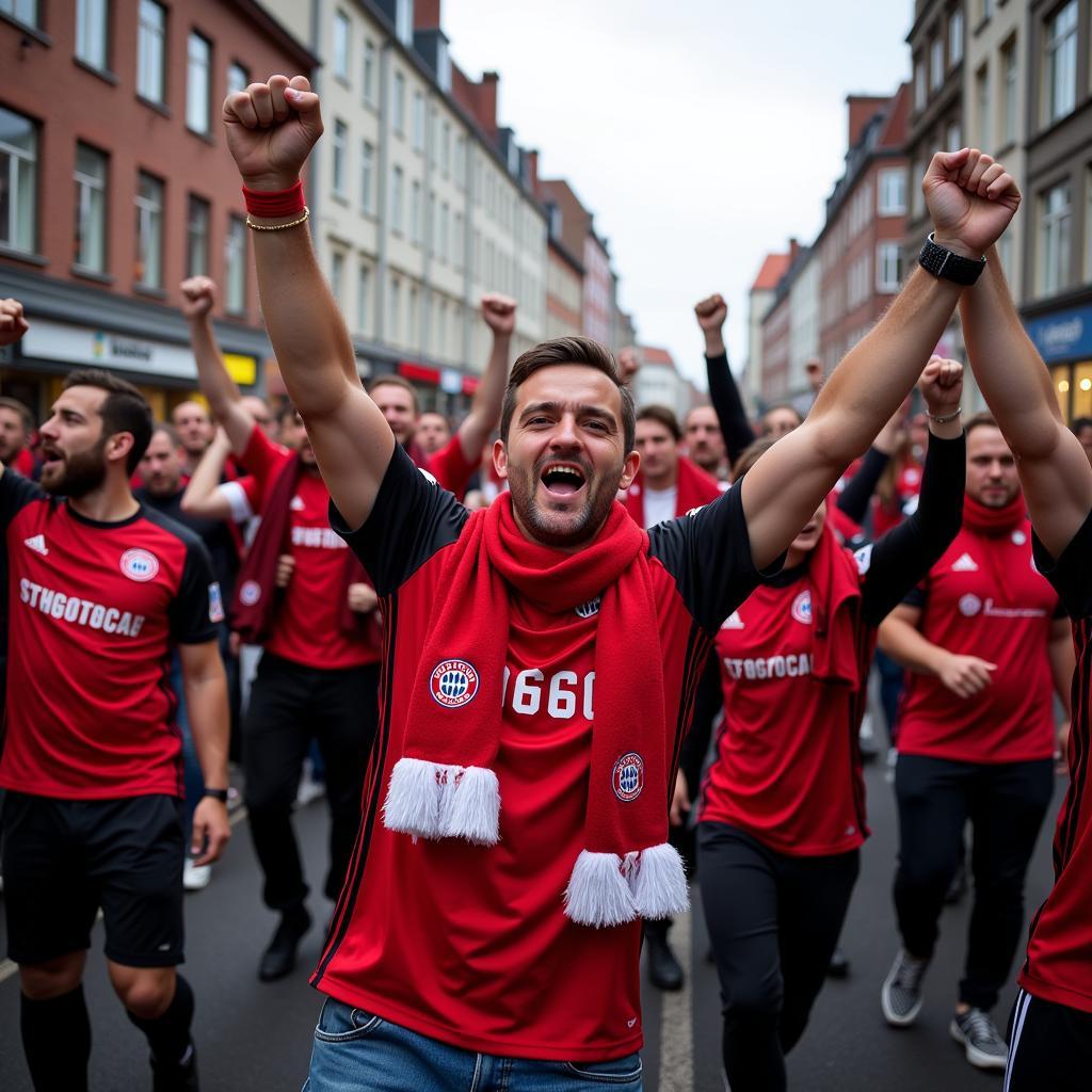 Fans von Bayer 04 Leverkusen auf der Kaiser-Wilhelm-Allee