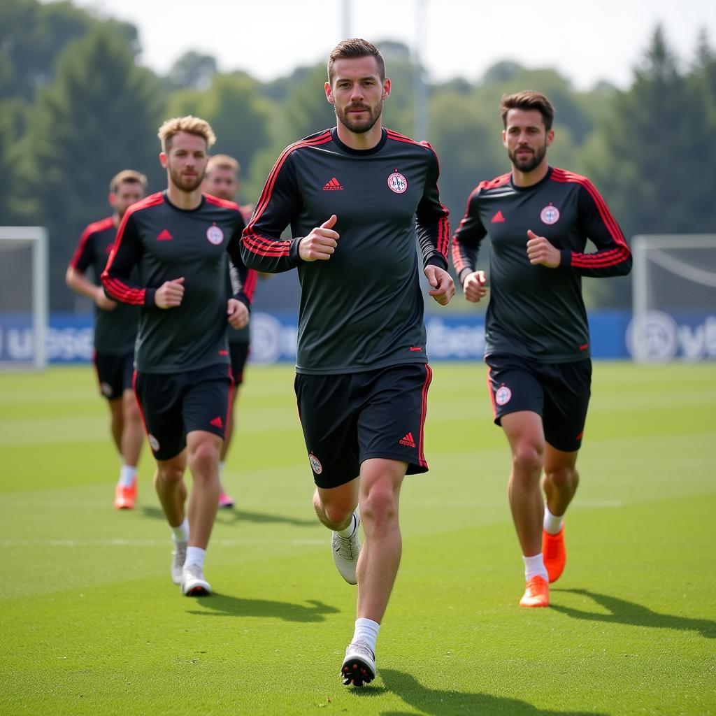 Bayer Leverkusen Mannschaft trainiert Ausdauer:  Spieler absolvieren 4400m Staffeln auf dem Trainingsgelände.