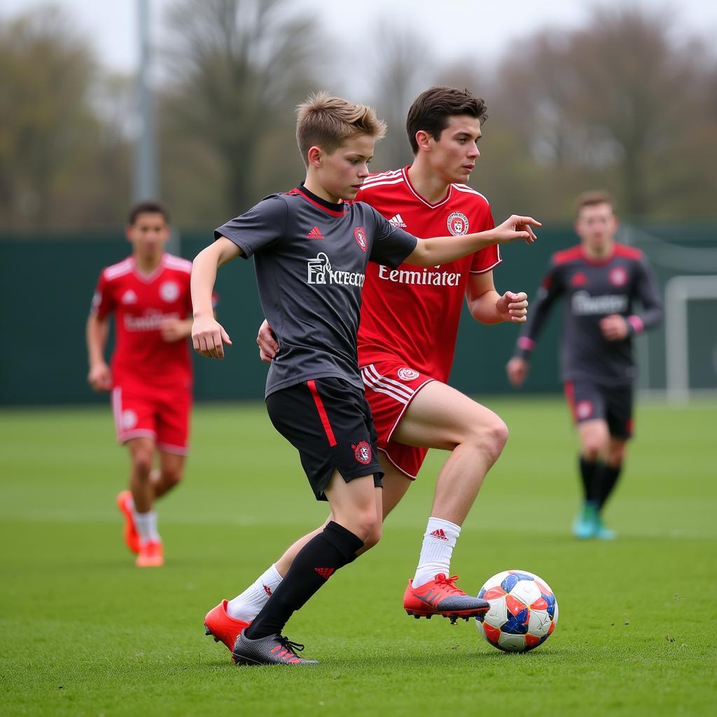 Junge Talente im Training bei Bayer Leverkusen, die die Zukunft des Vereins repräsentieren.