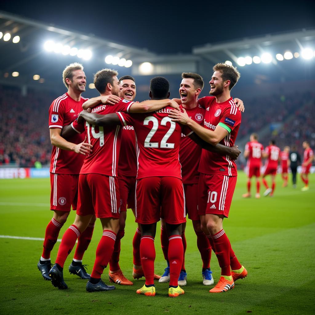 Bayer Leverkusen Spieler feiern einen Sieg auf dem Feld.