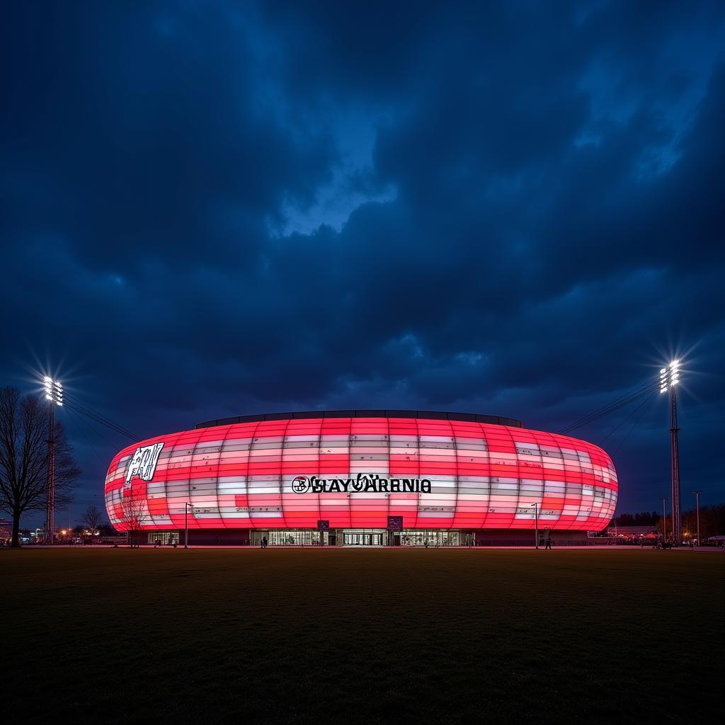 Die BayArena erstrahlt in der Nacht.