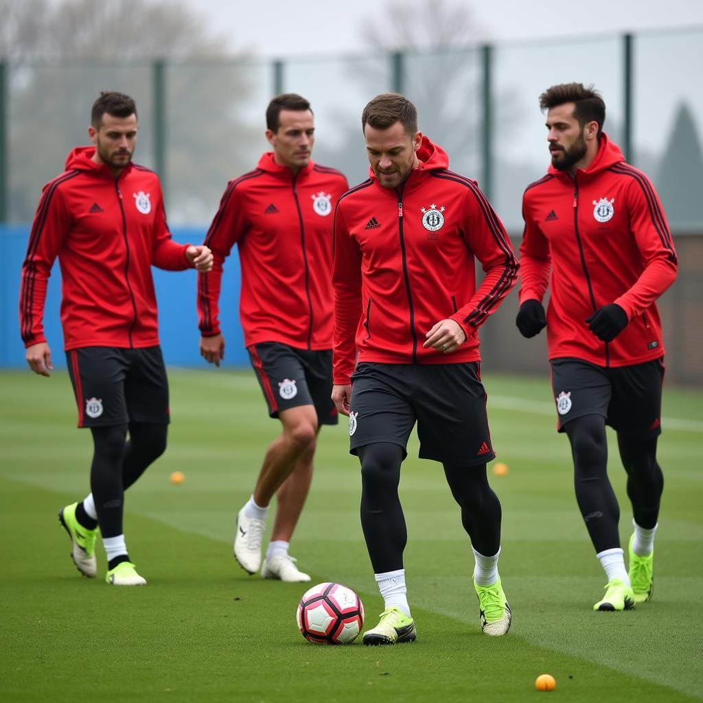 Die Spieler von Bayer Leverkusen trainieren auf dem Trainingsgelände.