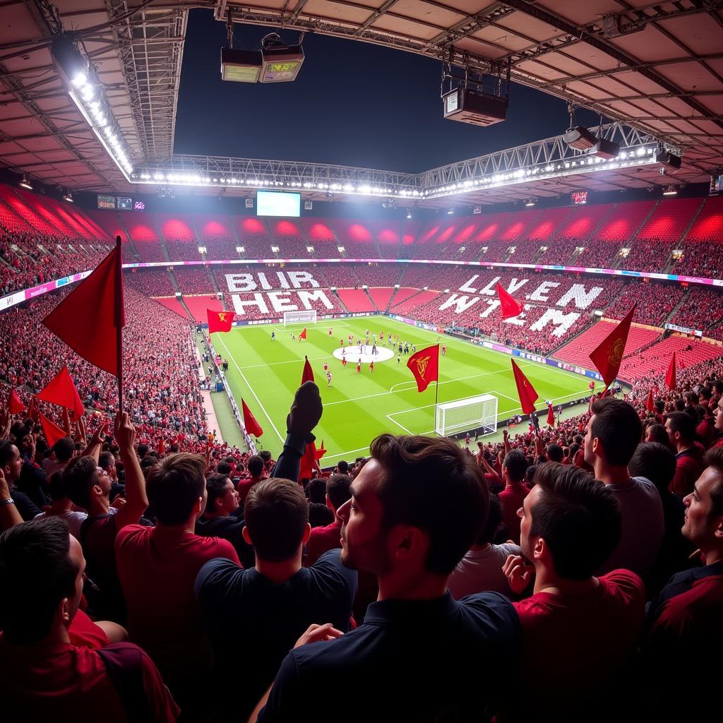 Fans von Bayer Leverkusen und West Ham United im Stadion