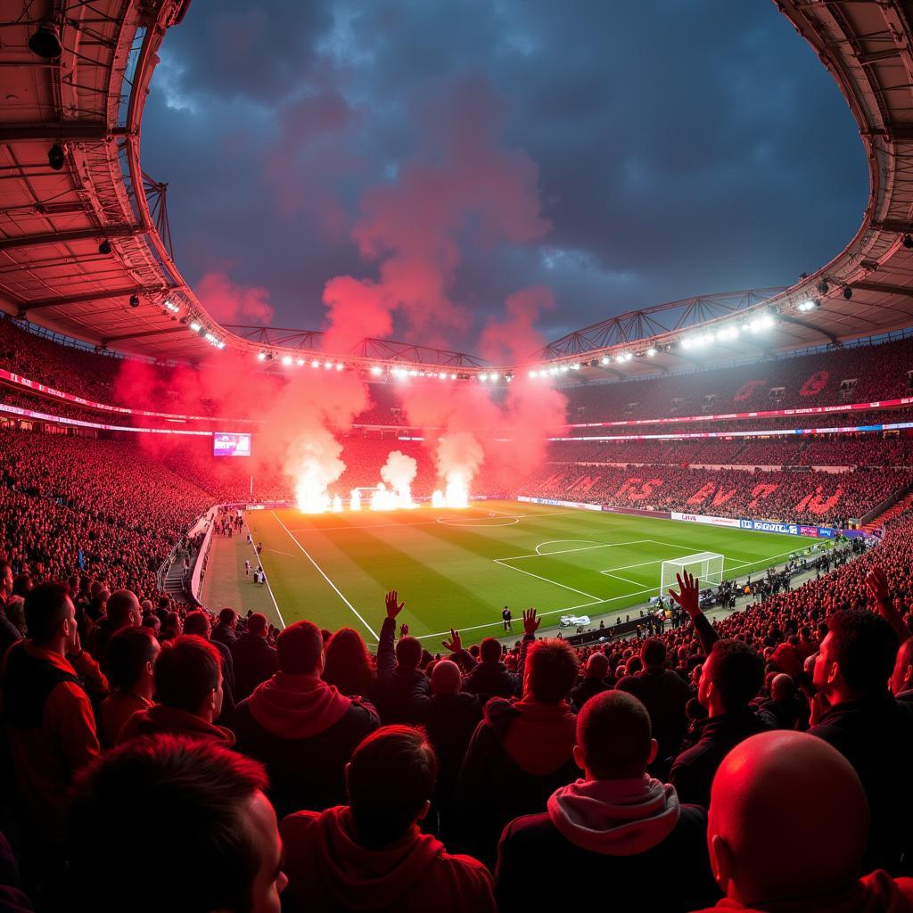 Fans von Bayern München und Bayer Leverkusen im Stadion