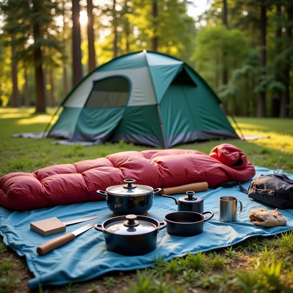 Campingausstattung: Zelt, Schlafsack und Kocher