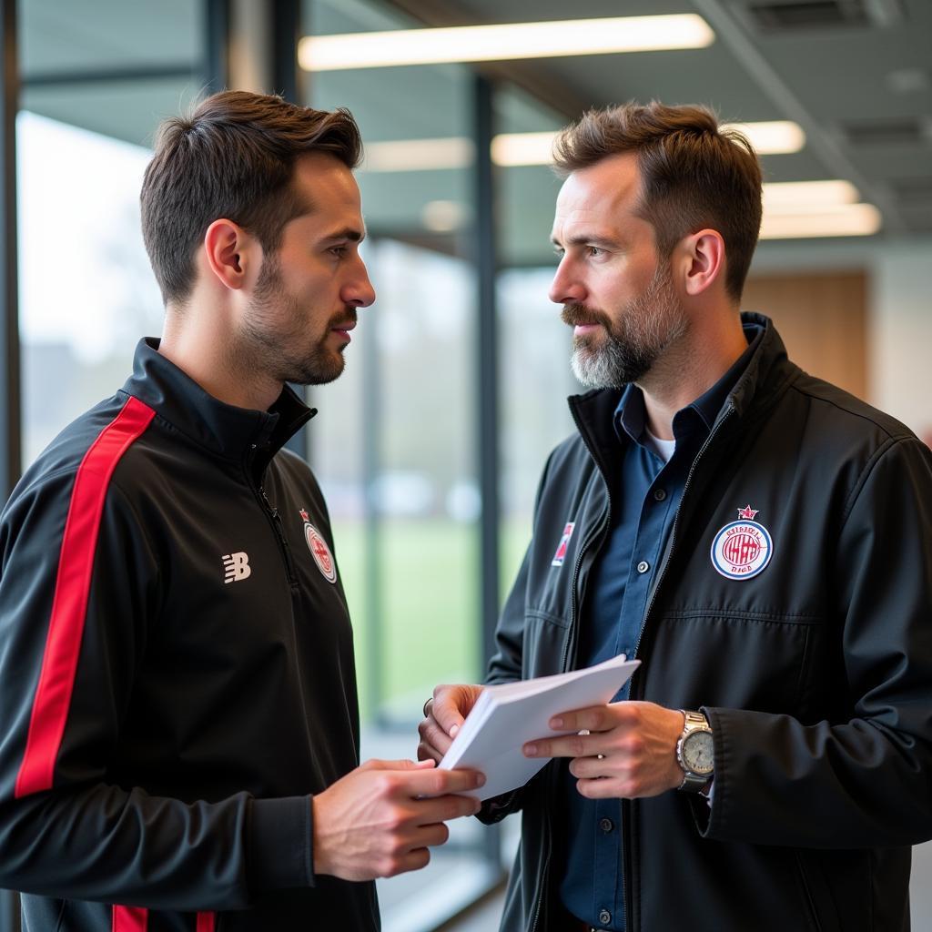 Dr. Krause bespricht individuelle Trainingspläne mit einem Spieler von Bayer 04 Leverkusen