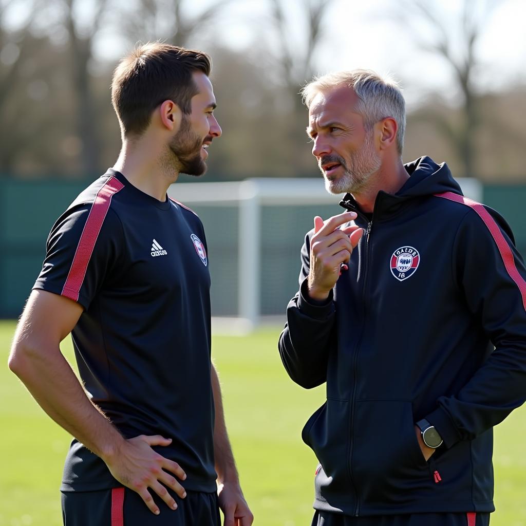 Dr. Reddemann im Gespräch mit einem Spieler von Bayer 04 Leverkusen.