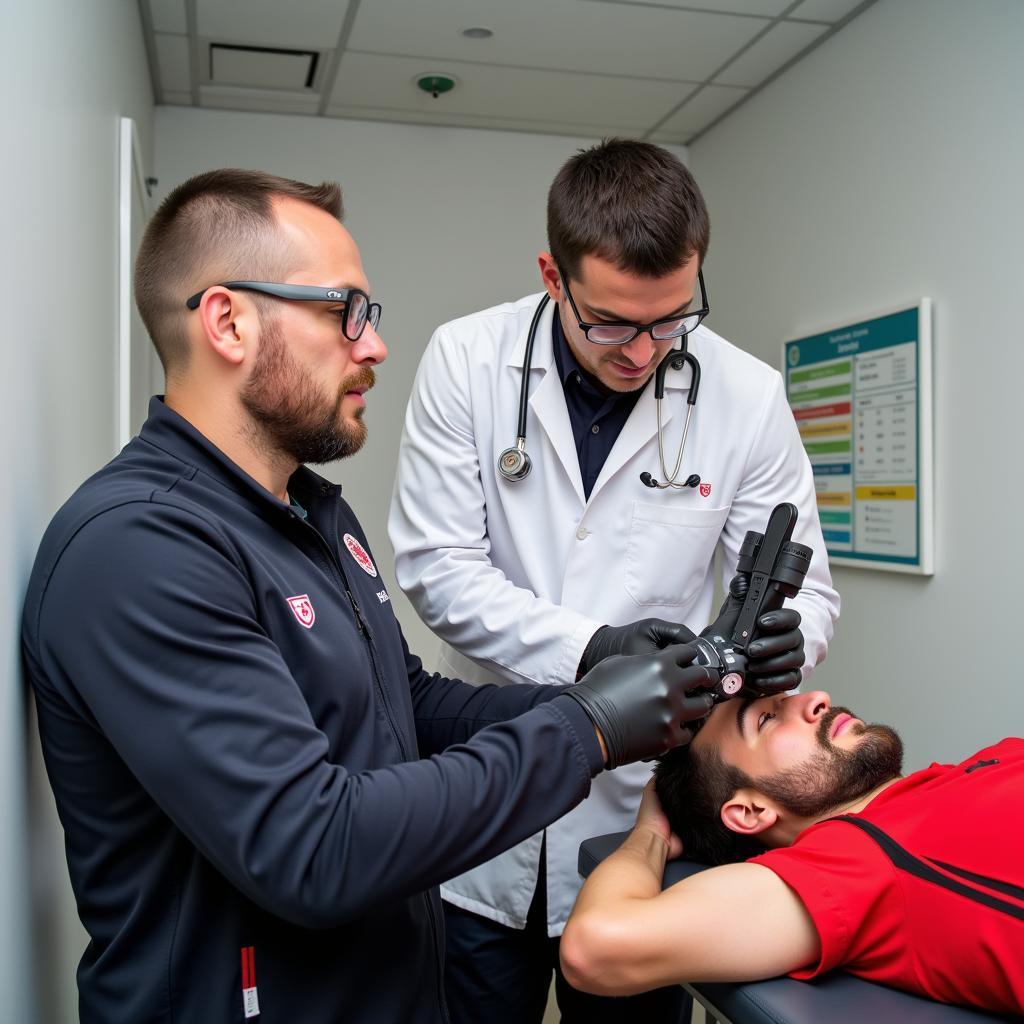 Dr. Weil untersucht einen Spieler von Bayer 04 Leverkusen